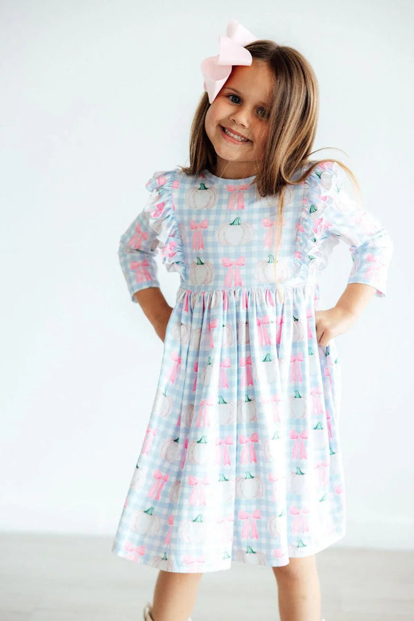 Girls blue and pink pumpkin picnic twirl dress for girls with 3/4 sleeves and ruffle details
