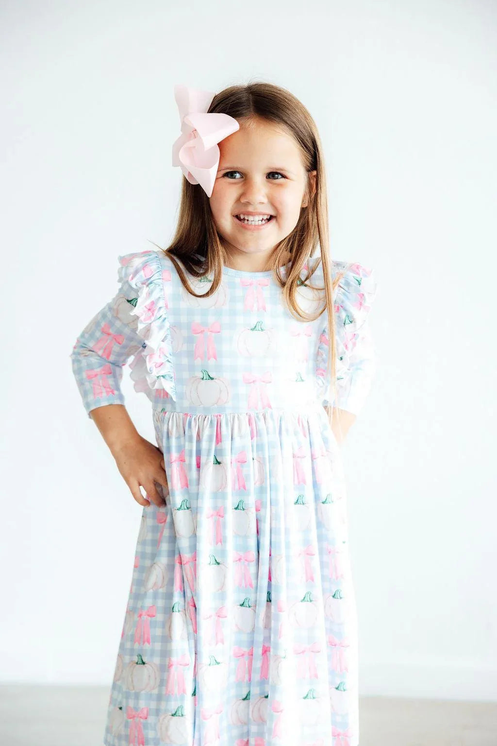 Girls pastel twirl ruffle dress 3/4 sleeves with pink bow print pumpkin picnic twirl dress for girls