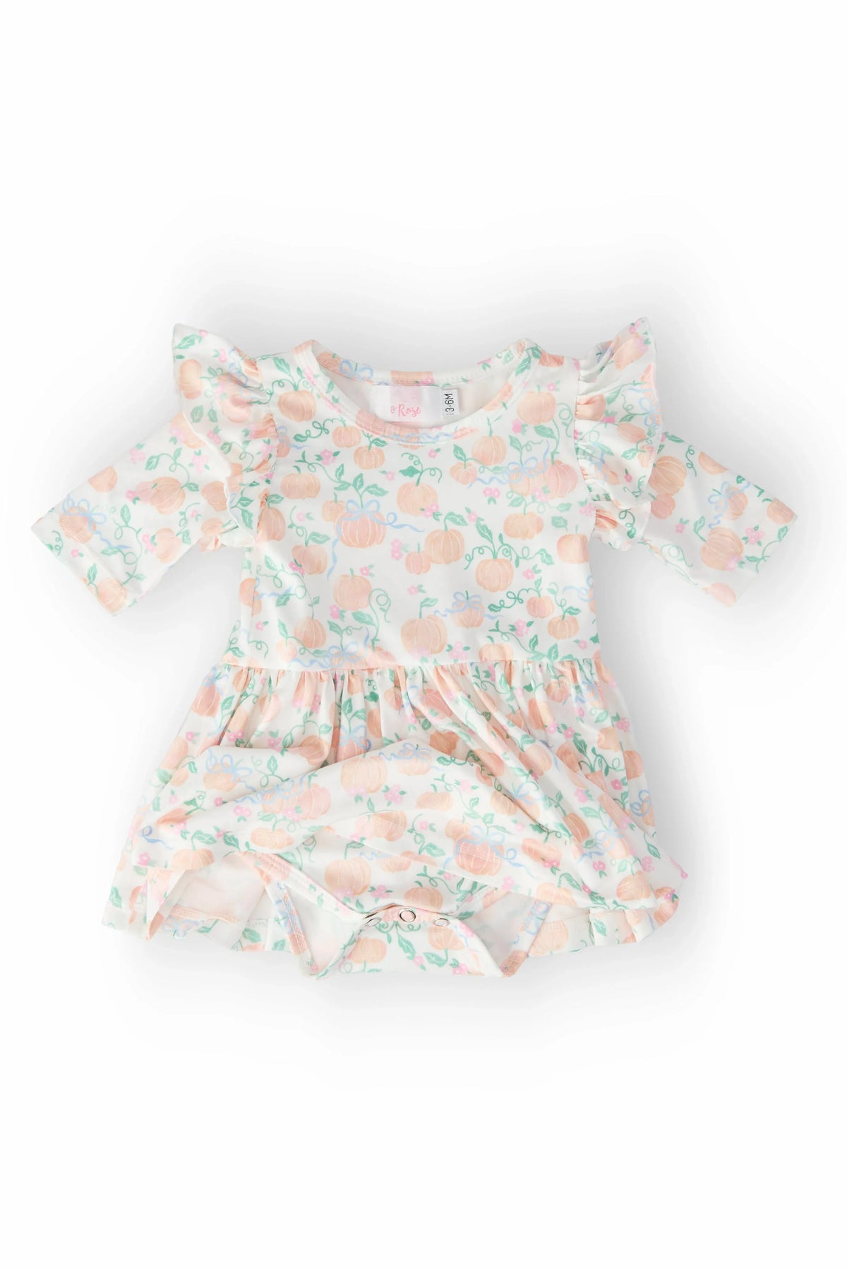 Mila & Rose toddler pumpkin print toddler dress with 3/4 flutter sleeves and twirl bodysuit style