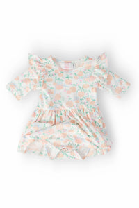 Mila & Rose toddler pumpkin print toddler dress with 3/4 flutter sleeves and twirl bodysuit style
