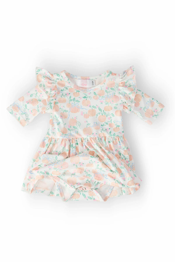Mila & Rose toddler pumpkin print toddler dress with 3/4 flutter sleeves and twirl bodysuit style