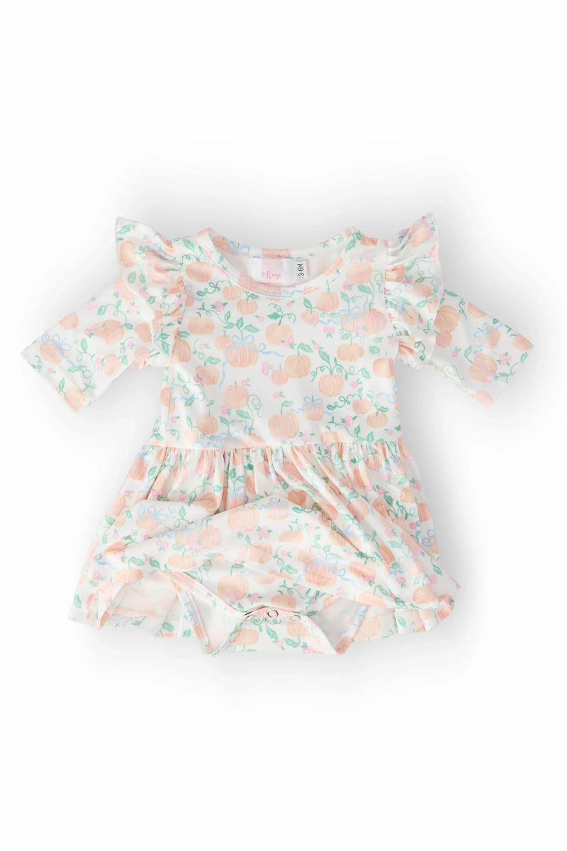 Mila & Rose toddler pumpkin print toddler dress with 3/4 flutter sleeves and twirl bodysuit style
