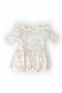 Mila & Rose toddler pumpkin print toddler dress with 3/4 flutter sleeves in pastel colors