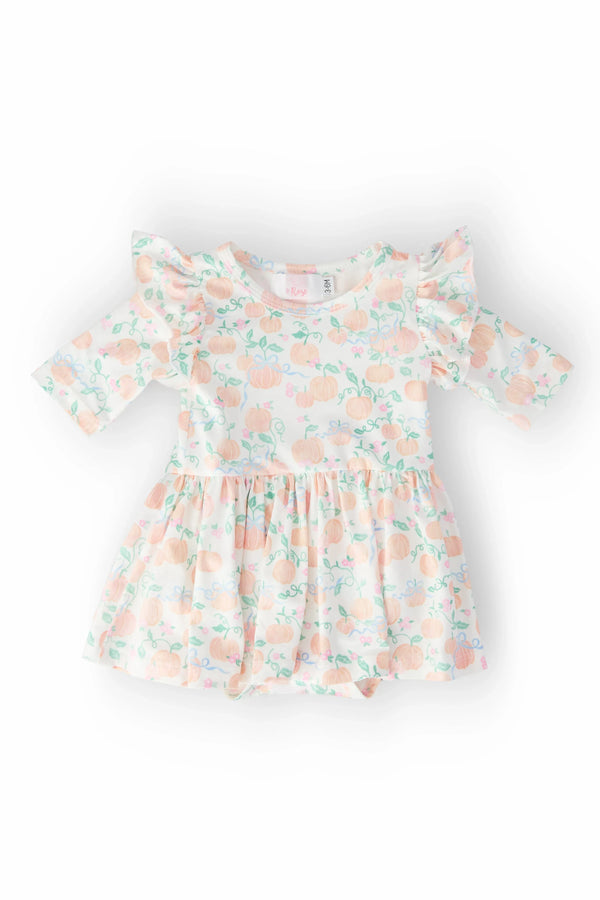 Mila & Rose toddler pumpkin print toddler dress with 3/4 flutter sleeves in pastel colors
