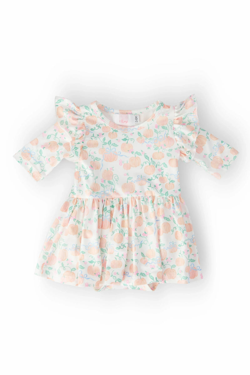 Mila & Rose toddler pumpkin print toddler dress with 3/4 flutter sleeves in pastel colors