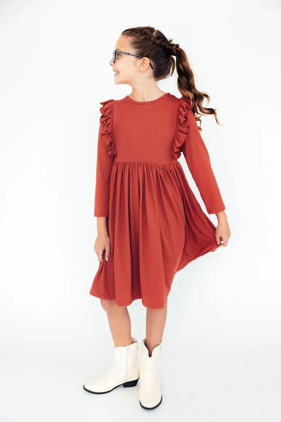 Girls pumpkin spice girls fall dress twirl ruffle dress long sleeve in rust color