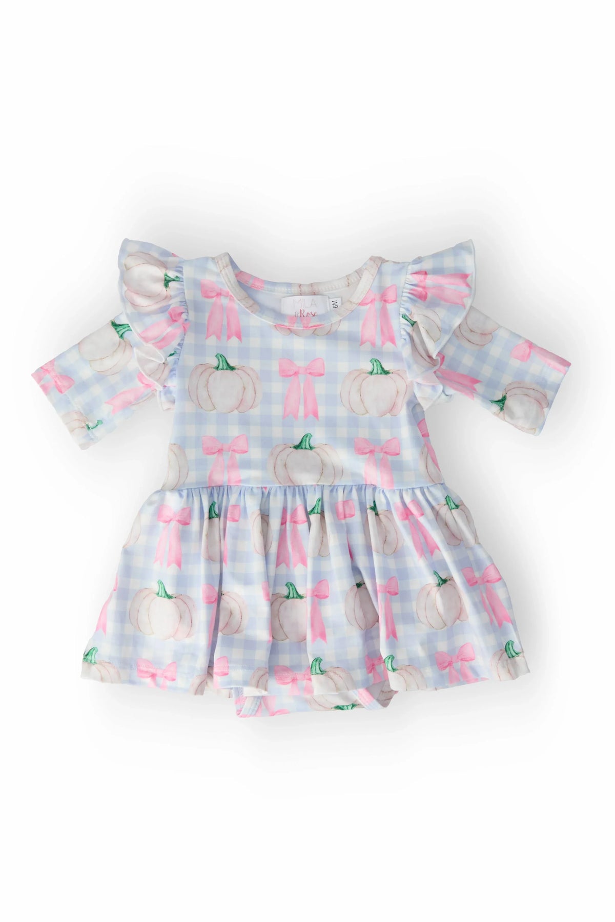 Mila & Rose pumpkin toddler dress with 3/4 flutter sleeves in pastel plaid and pink bow design
