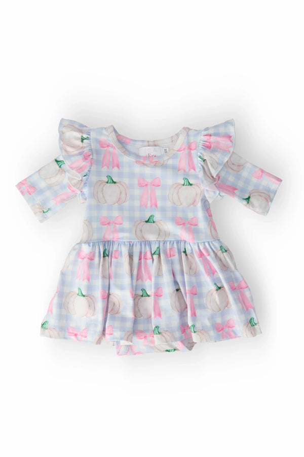 Mila & Rose pumpkin toddler dress with 3/4 flutter sleeves in pastel plaid and pink bow design