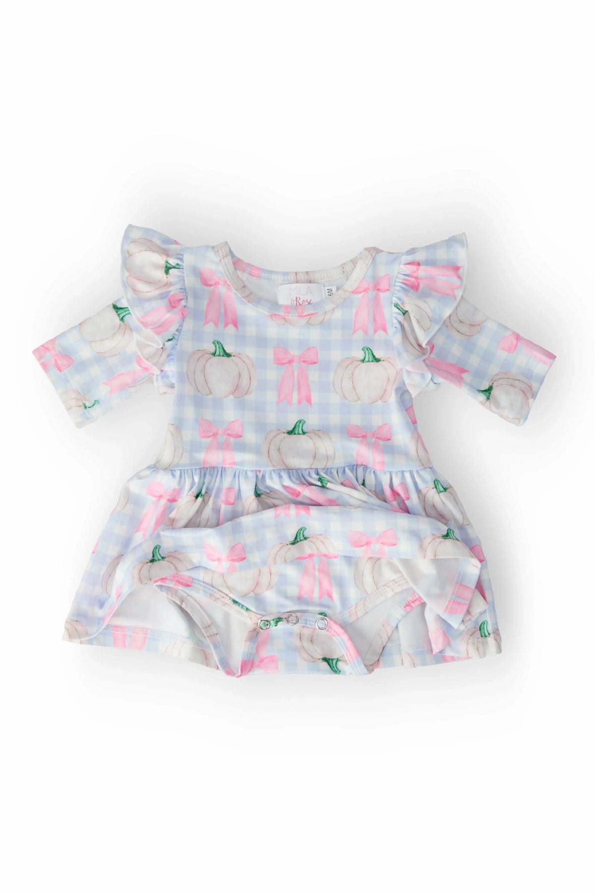 Mila & Rose pumpkin toddler dress in pastel blue plaid with white pumpkins and pink bows, 3 to 6 months