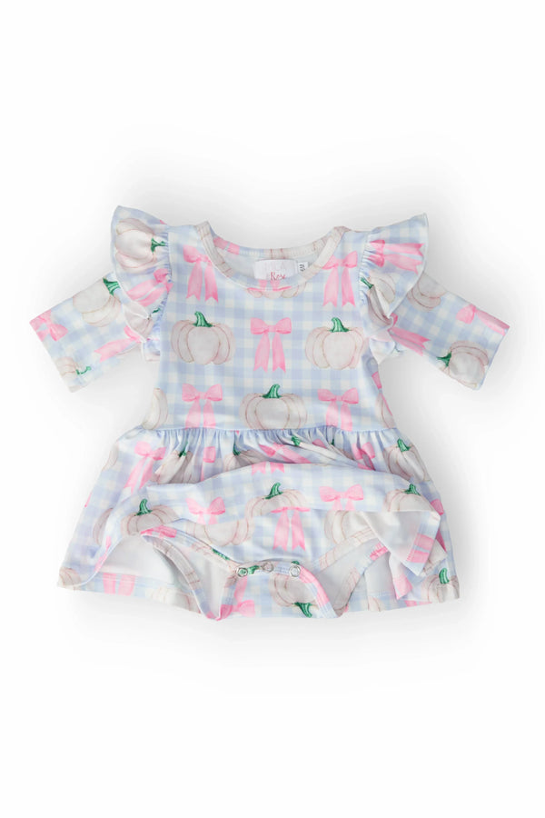 Mila & Rose pumpkin toddler dress in pastel blue plaid with white pumpkins and pink bows, 3 to 6 months