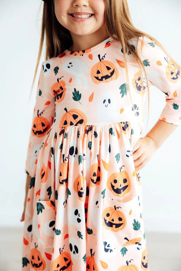 Girls pumpkin twirl dress for girls by Mila Rose 3/4 sleeve with festive pumpkin and ghost print