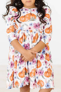 Girls pumpkin twirl dress for girls with sleeves in white with orange pumpkin and floral print