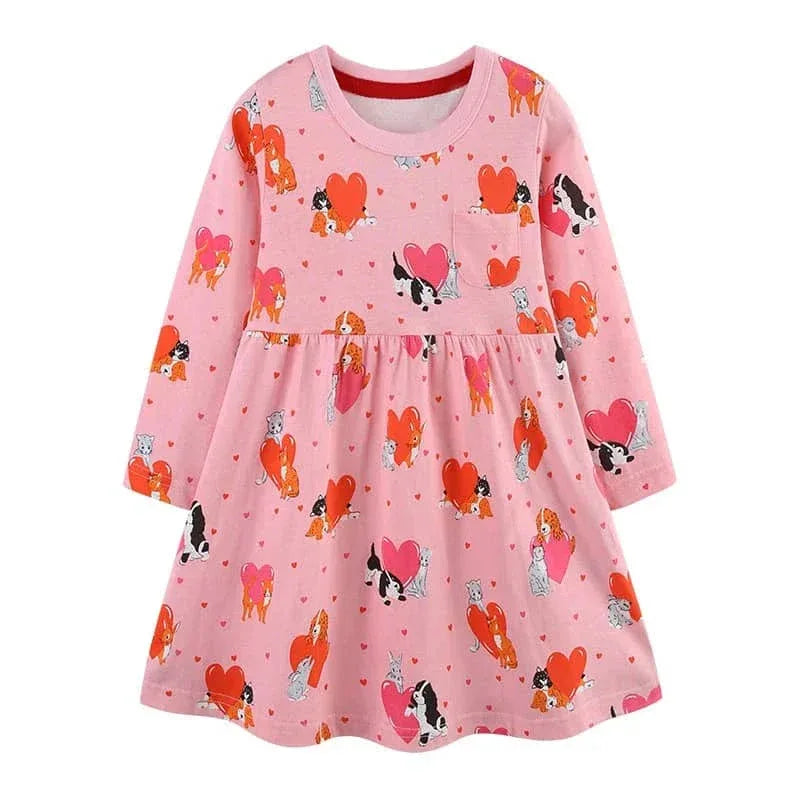 pink puppy dog girls dress for toddlers with long sleeves and heart print pattern