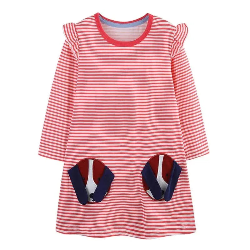 red and white striped puppy dog girls dress for toddlers with long sleeves and paw print pockets