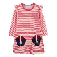 red and white striped puppy dog girls dress for toddlers with long sleeves and paw print pockets