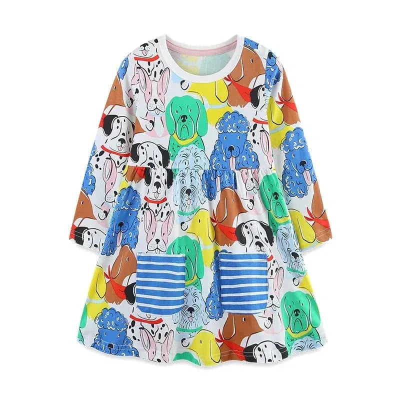 Colorful puppy dog girls dress with long sleeves and striped pockets for toddlers