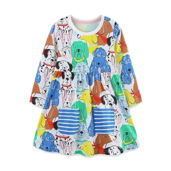 Colorful puppy dog girls dress with long sleeves and striped pockets for toddlers
