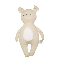 Beige and white soft knit puppy knit plush toy for babies made from cozy fabric