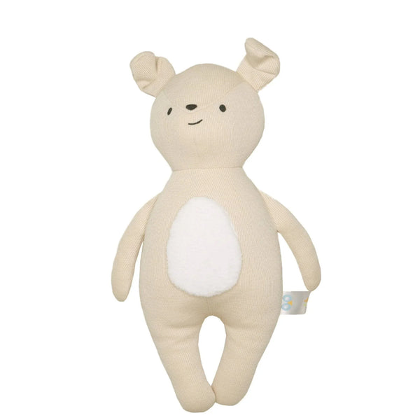 Beige and white soft knit puppy knit plush toy for babies made from cozy fabric