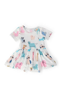 White short sleeve twirl bodysuit for baby with colorful puppy print babies bodysuit design