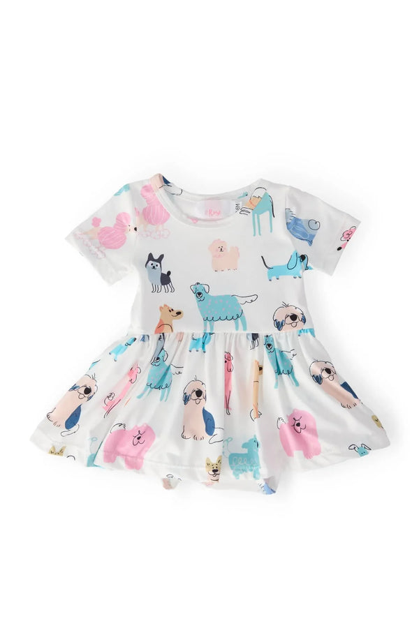 White short sleeve twirl bodysuit for baby with colorful puppy print babies bodysuit design
