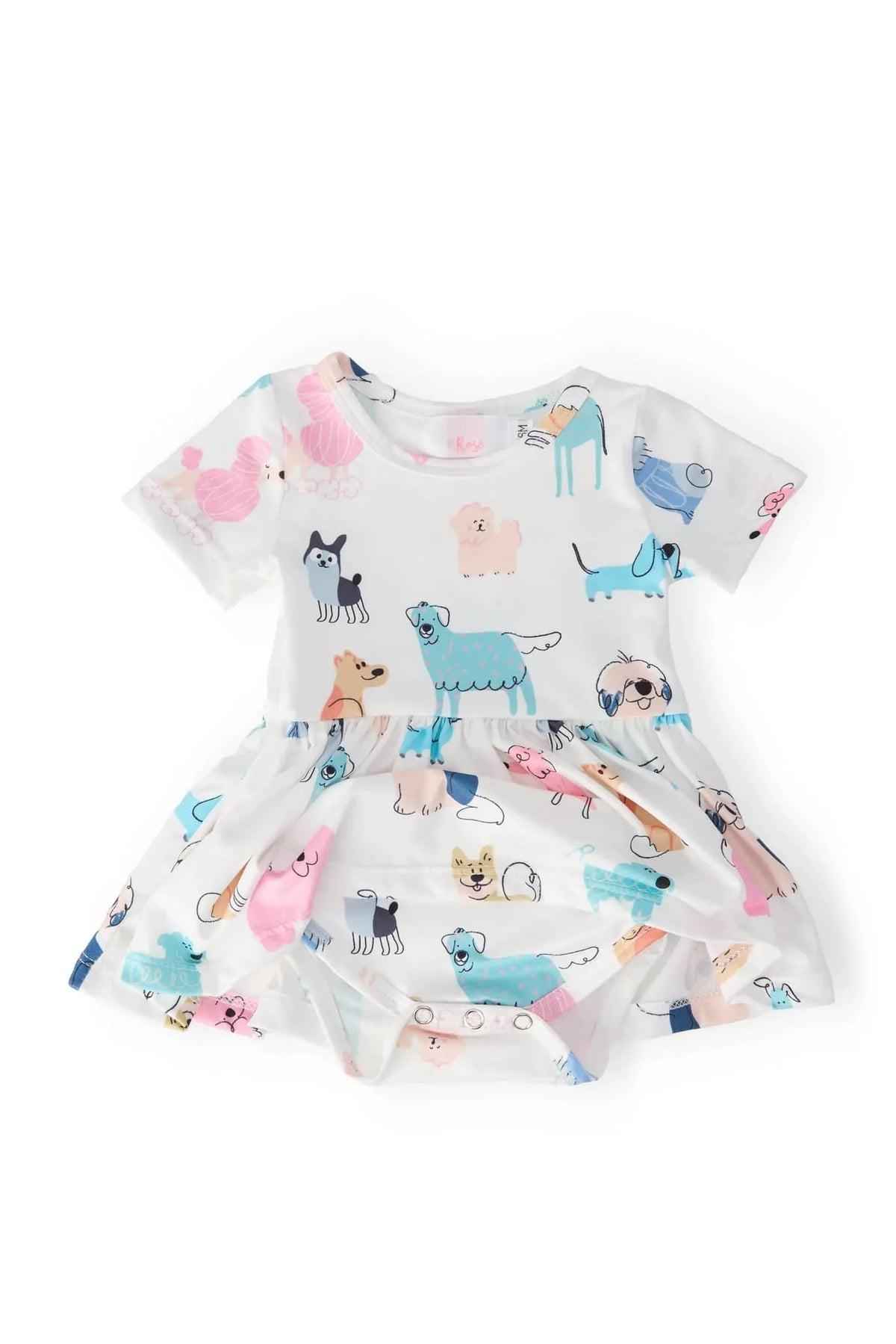 white short sleeve puppy print babies twirl bodysuit with colorful dog illustrations for infants