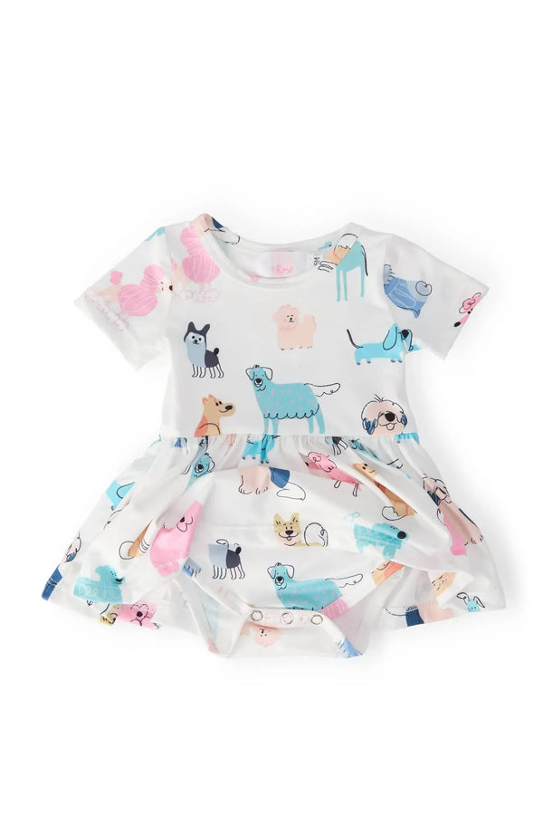 white short sleeve puppy print babies twirl bodysuit with colorful dog illustrations for infants