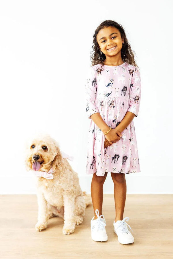Girls pink puppy print twirl dress for girls 3 4 sleeve with pockets, size 3 to 8