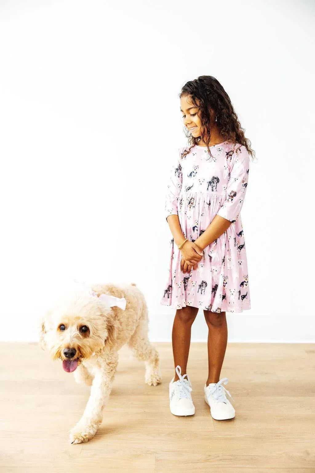 Girls pink 3/4 sleeve puppy print twirl dress for girls with pockets by Mila & Rose