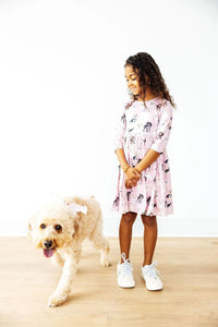 Girls pink 3/4 sleeve puppy print twirl dress for girls with pockets by Mila & Rose