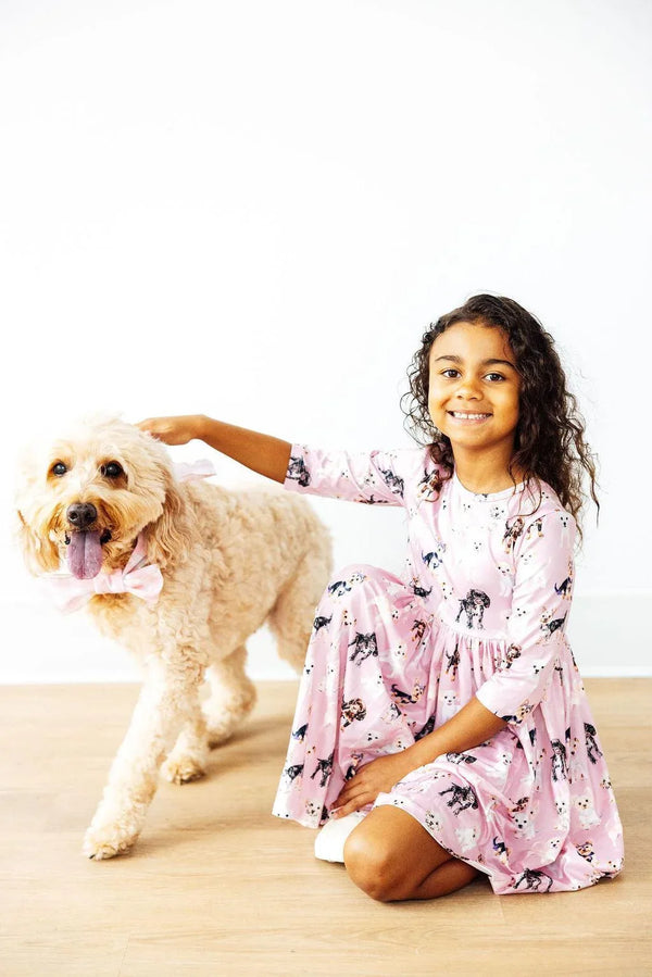 Girls pink puppy print twirl dress 3/4 sleeve with pockets for kids by Mila & Rose
