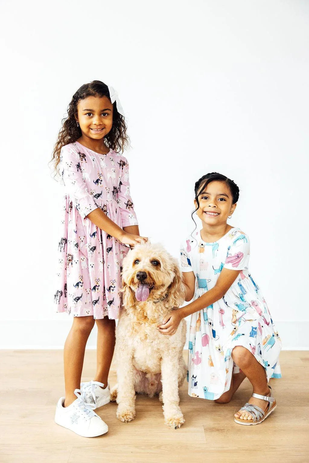 Girls pink and white 3/4 sleeve puppy print twirl dress for girls with pockets, knee-length