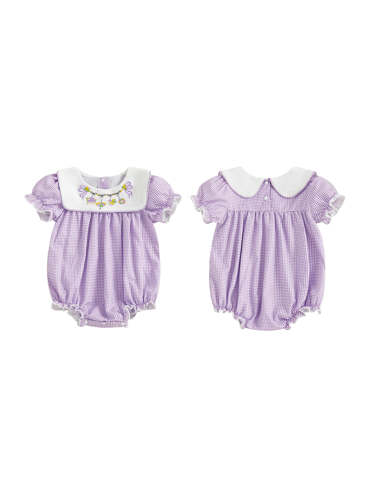 Purple embroidered baby bubble romper for infants with puff sleeves and white embroidered collar