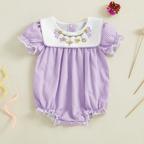 Purple embroidered baby bubble romper for infants with puff sleeves and white collar detailing
