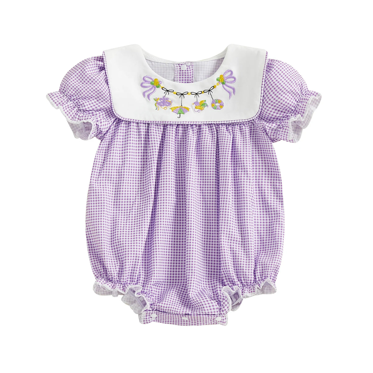 Purple embroidered baby bubble romper with white collar and floral embroidery, infant size