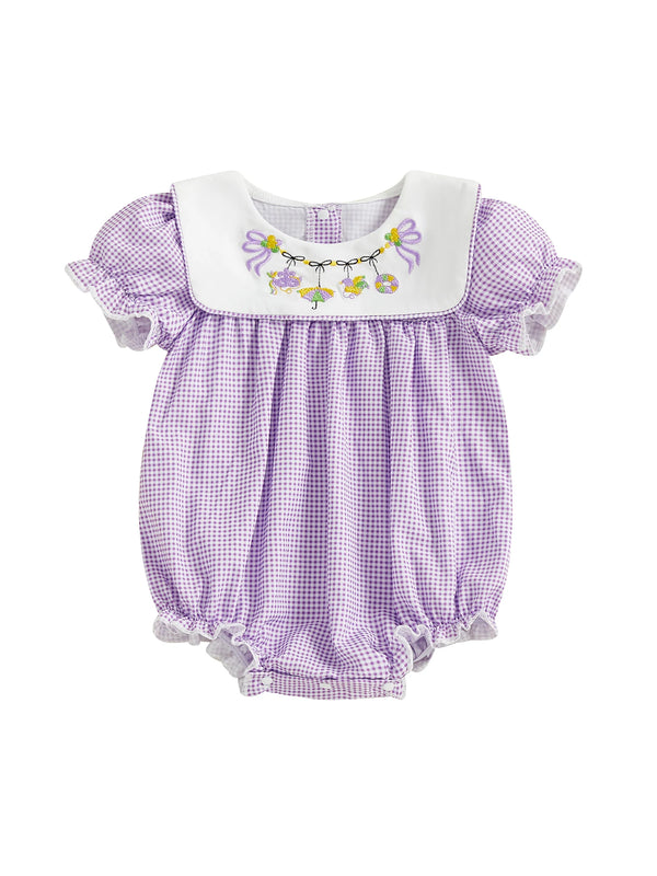 purple embroidered baby bubble romper for infants with puff sleeves and floral embroidery on collar