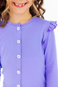 Girls lavender ruffle cardigan with long sleeves and button front from Mila & Rose