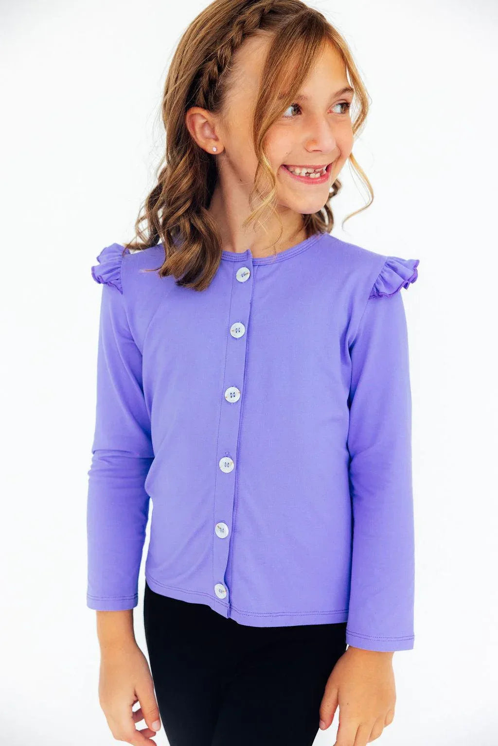 Girls lavender ruffle cardigan with long sleeves and button front by Mila & Rose