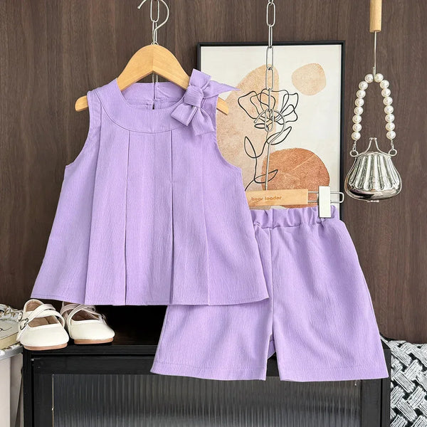 toddler girls lavender shorts set with sleeveless top and bow detail
