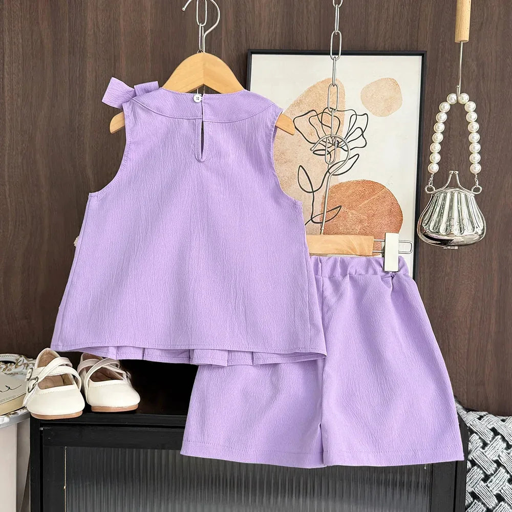 toddler girls pink shorts set with sleeveless bow top and elastic waist shorts