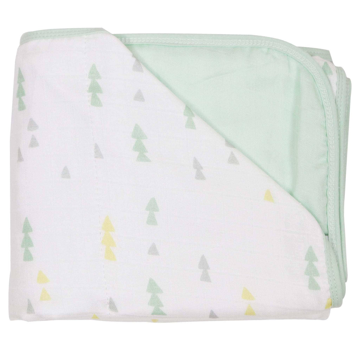 Goosewaddle newborn bamboo muslin quilted blanket with pastel tree print and mint green backing