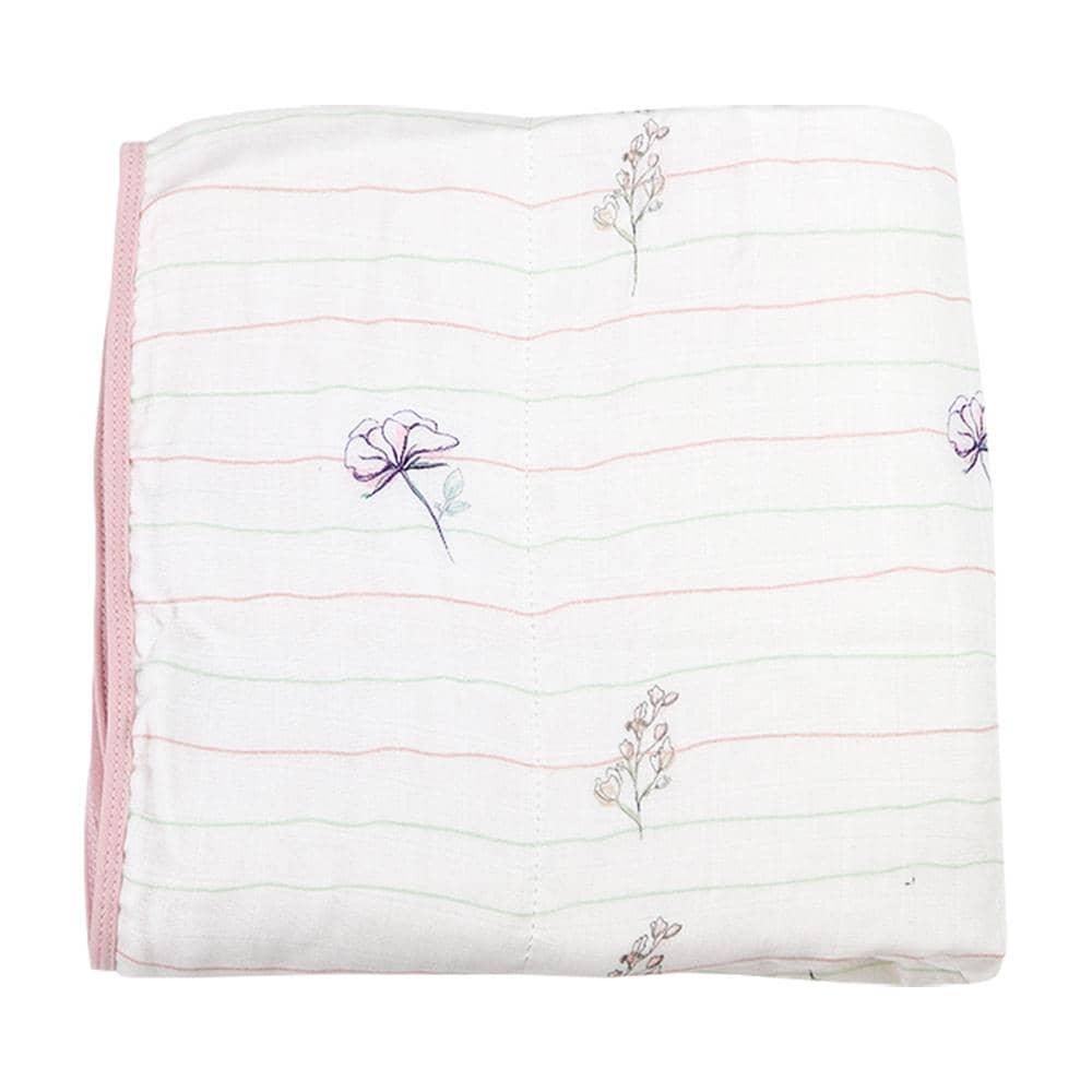 Goosewaddle bamboo muslin quilted blanket for newborns with pink trim and delicate floral embroidery
