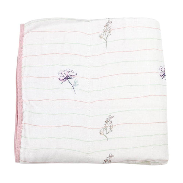 Goosewaddle bamboo muslin quilted blanket for newborns with pink trim and delicate floral embroidery