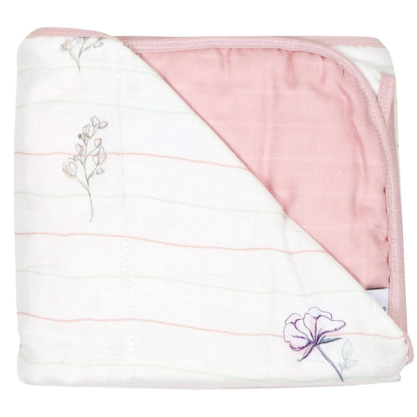 Newborn pink and white bamboo muslin quilted blanket with floral design and soft texture