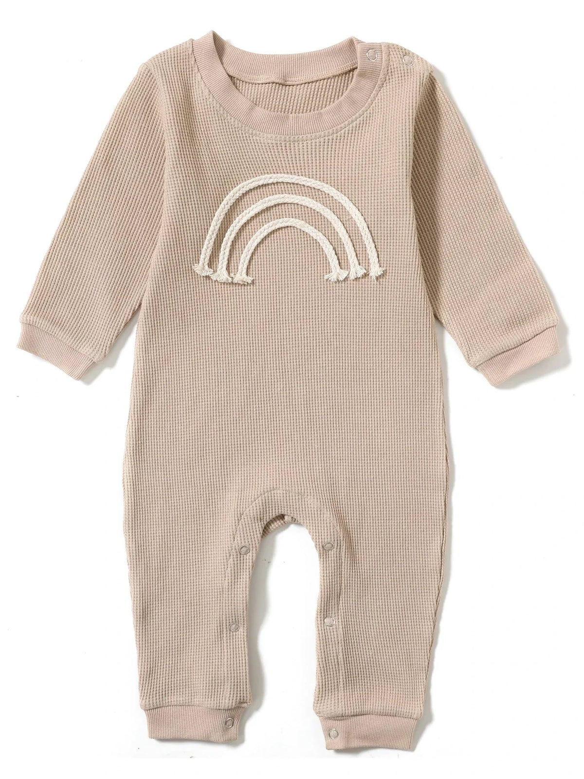beige long sleeve baby romper with cream textured rainbow design 3-6 months rainbow baby romper
