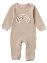 Beige long sleeve baby romper with waffle texture and cream rainbow embroidery for newborns