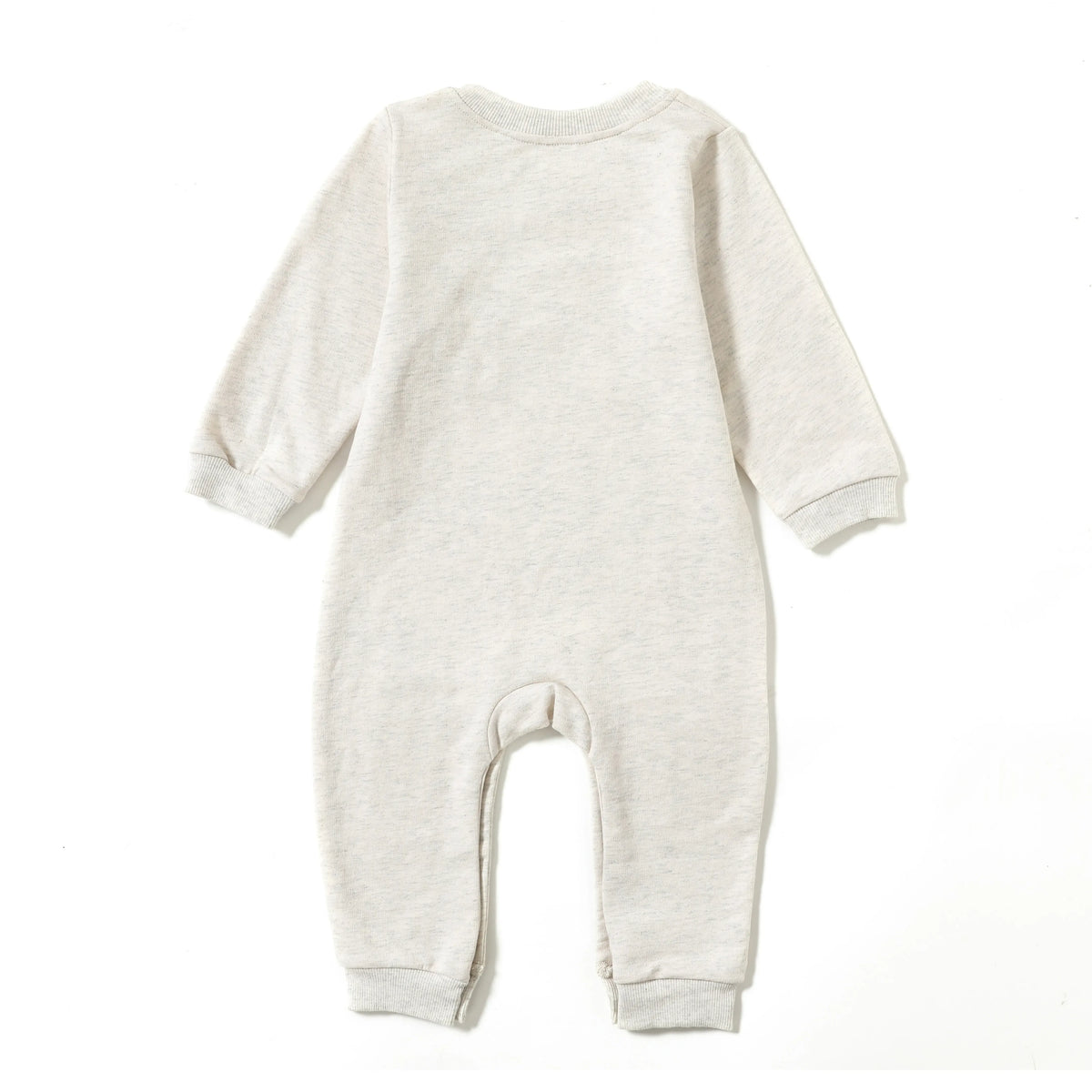 cream-colored rainbow baby romper for infants with long sleeves and cuffed ankles
