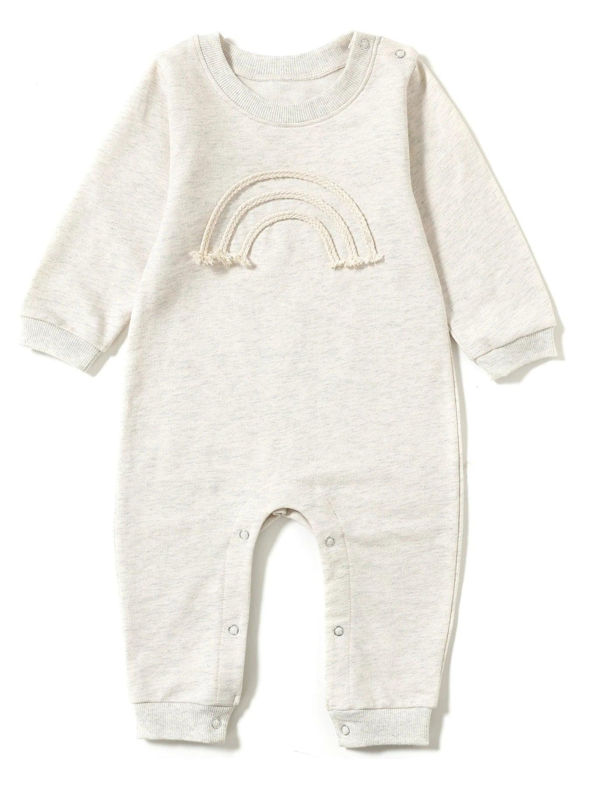 neutral beige rainbow baby romper for infants with long sleeves and embroidered rainbow detail