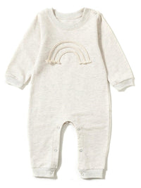 neutral beige rainbow baby romper for infants with long sleeves and embroidered rainbow detail