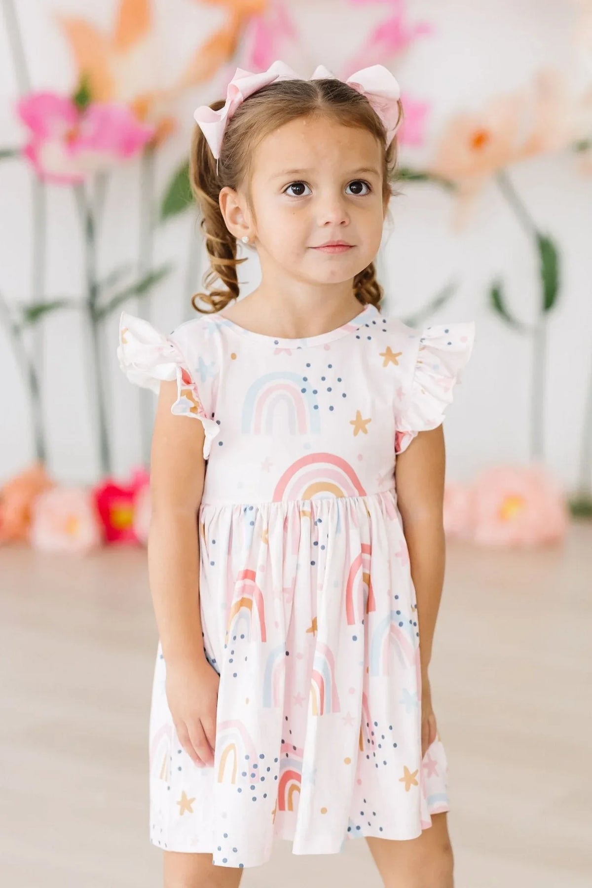 Toddler girls rainbow flutter sleeve dress for girls in soft pastel colors with twirl skirt by Mila & Rose